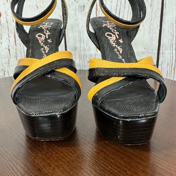 Alice & Olivia Lizabeth Black & Yellow patent leather Ankle Strap Platforms 6.5 - Picture 5 of 17